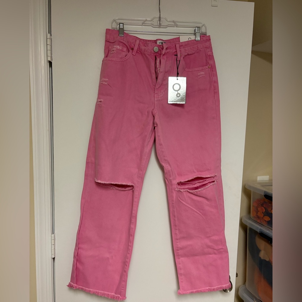 Ineane Oene Pink Distressed High Rise Slim Straight Jeans 11/29